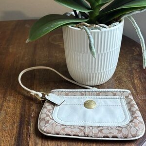 Coach Beige Signature Wristlet with Chalk Leather Trim